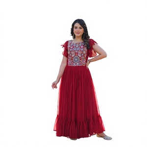 Vestido Maxi Anarkali Rojo de Georgette, Estilo Étnico Indio Tradicional, Elegante, con Bordado Intenso y Mangas con Volantes, Kurti Largo - Product Image 1