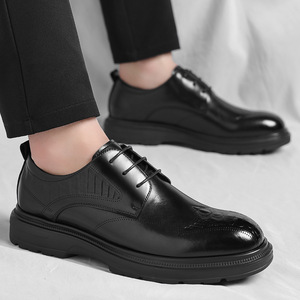 Chaussures Richelieu en cuir pour hommes, bout rond, à lacets, semelle souple, pour mariage, couleur unie, semelle extérieure en caoutchouc, doublure en cuir véritable - Product Image 2