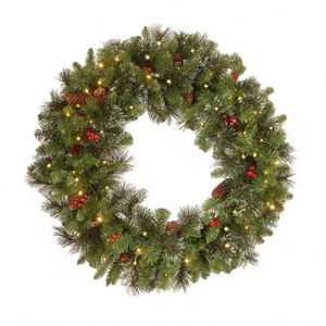 24 Inch LED Pre-Lit Artificial Christmas <b>Wreath</b> Handmade Eco-Friendly Decorated with Pine Cones and Frosted Branches - Product Image 1