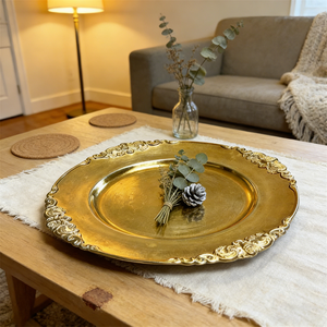 Assiettes de présentation rondes de luxe de 13 pouces en plastique, style victorien baroque, avec bordure gaufrée feuille, pour mariage - Product Image 5