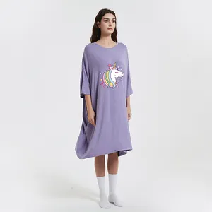 2023 Customized Summer Pure Solid Fiber Bamboo Large Pajamas Sleep Tee Wear Long Sleeping Dress For Woman