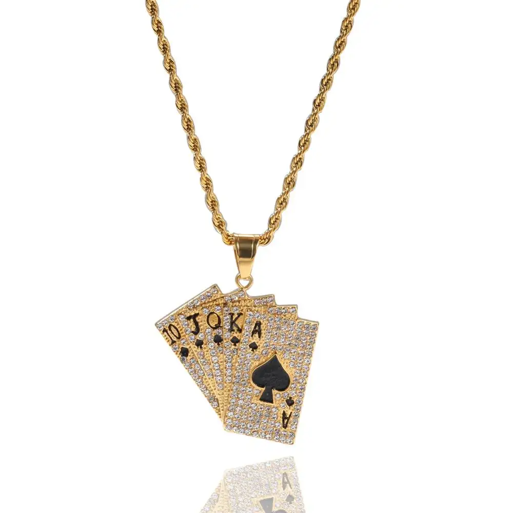 Hip hop buzlu Out oyun kartı düz gömme kolye paslanmaz çelik zincir erkek Poker kolye altın takı