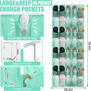40 Pocket Over The Door <b>Shoe</b> Organizer Hanging Mesh Rack Turquoise For Closet <b>Storage</b> - Product Image 2