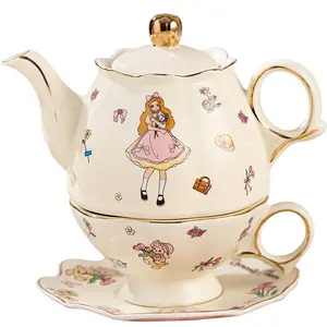 2024 nuovo arrivo tè in porcellana Alice e coniglio per un Set tazza di caffè e piattino oro cerchi regalo in scatola per teiera pomeridiana e tazza
