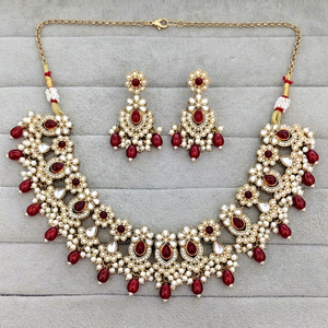 Indian Traditional Antique Gold Plated Kundan Choker <b>Necklace</b> Set Maroon <b>Ruby</b> Red Gemstone Bead Bridal Jewelry Set with Earrings - Product Image 1