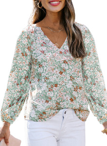 Atasan Wanita Motif Bunga V-Neck untuk Musim Semi, Kemeja Chiffon Kasual untuk Musim Gugur, Atasan Longgar Lengan Panjang Model Lantern, Blus Seksi untuk Bepergian - Product Image 5