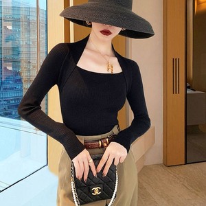 French Style <strong>Square</strong>-Neck Silk <strong>Knitted</strong> Top Women Long Sleeves Sexy Color Blocking <strong>Pattern</strong> Reveal Collarbone Ladies' Sweater Tops - Product Image 1