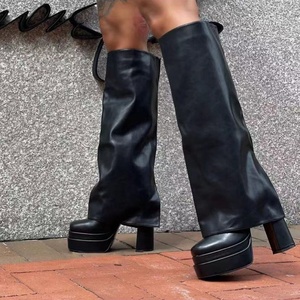 Wide Fit Overlay Shoes Women High Chunky Heel Knee High Platform <b>Boots</b> Fold Over Square Toe on Long Booties - Product Image 5