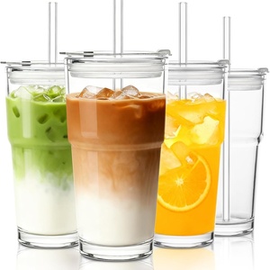 Vaso de Vidrio Reutilizable Ecológico de 20oz con Tapa y Pajita, Logotipo Personalizado, para Café Helado, Boba, Smoothie, Regalo de Moda para las Fiestas 2026 - Product Image 1