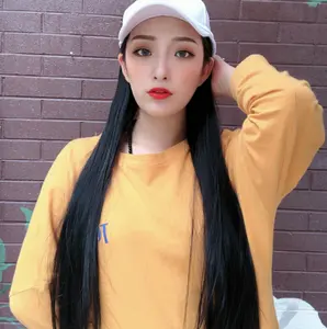 Baseball cap white hat with hair attached Female Black Long Straight Hair Full Head Set Wholesale fashion Ladies girl 50-60cm