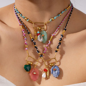 Colliers pendentifs tendance été en acier inoxydable 316L plaqué or PVD 14k 18k avec pierres naturelles colorées et cordon pour femme - Product Image 1