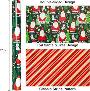 Papel de regalo de aluminio con diseño de Papá Noel y muñeco de nieve de doble cara en rojo y verde, con patrón diagonal rojo. - Product Image 2