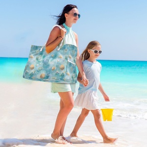Custom Print Logo Beach Bag Tote Bag Women Nylon Summer Blue Sea Shells Design Extra Large Weekender Bag with Rope Handle - Product Image 6