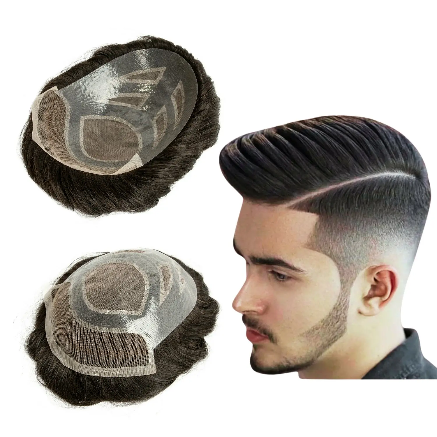 Versalite indian human hair men toupee thin skin french lace mono center poly replacement system men's skin toupee