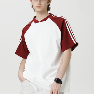 Camiseta a Rayas de Estilo Retro Americano al por Mayor, Personalizada, 260 g/m², 100% Algodón, Talla Grande, Cuello en V, Hombros Caídos, Unisex, Suave - Product Image 1