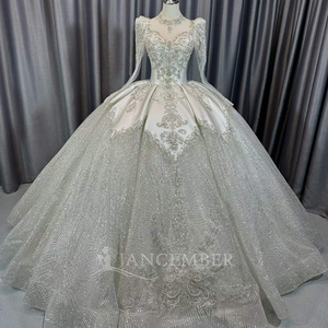 Lscm95 Luxury Ivory Ball Gown <b>Wedding</b> Dress Crystal Beaded Illusion Long Sleeve Corset Bridal Gown Glitter Jancember - Product Image 3