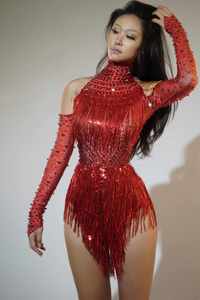 Trajes de Baile, Mono de Lentejuelas con Flecos para Actuaciones, Club Nocturno, Fiesta, Manga Larga, con Pedrería, para Mujer - Product Image 3