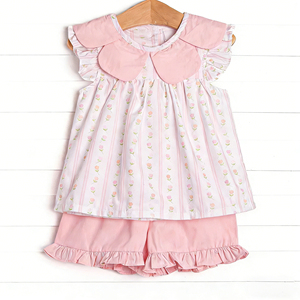 GSSO3363 CUSTOM Ensemble de vêtements pour petite fille active, imprimé rayures fleurs roses, vente en gros, ensemble à manches courtes pour enfant - Product Image 1