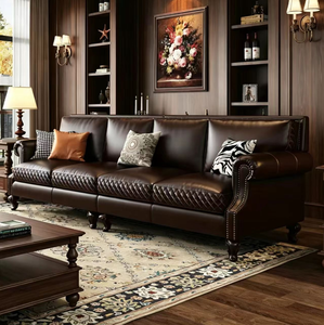Collection de canapés Chesterfield capitonnés <span class=keywords><strong>vintage</strong></span> brun foncé 3 places + causeuse + <span class=keywords><strong>fauteuil</strong></span> |   Ensemble de salon de club avec fauteuils à accoudoirs et clous décoratifs - Product Image 3