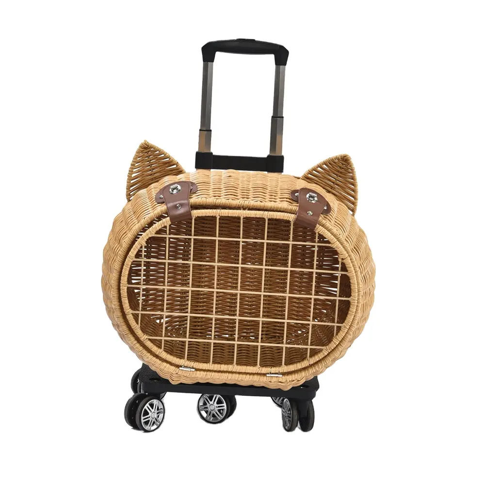 럭셔리 개 애완 동물 여행 캐리어 가방 케이스 등나무 고리 버들 바퀴 유모차 트롤리 고양이 여행 캐리어 가방