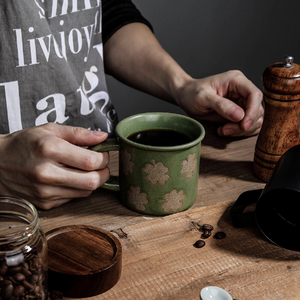 Large Capacity Fall Retro Modern <b>Green</b> Porcelain Four Leaf Clover Mug Sesame Glaze Dishwasher & <b>Microwave</b> Safe - Product Image 3
