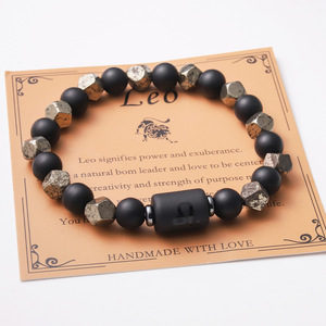 Pulseras <span class=keywords><strong>de</strong></span> Piedras Naturales <span class=keywords><strong>de</strong></span> Moda con los 12 Signos del Zodiaco para Hombre, Joyería Vintage Hecha a Mano en Negro Mate, Venta al por Mayor - Product Image 2