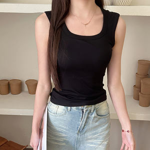 2025 camiseta sin mangas de algodón acanalado informal para mujer, sujetador integrado transpirable de verano, espalda contorneada, Parte delantera OEM - Product Image 2