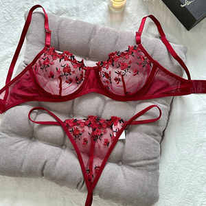 Weinrotes Damen 2-teiliges Blumenmuster Sexy Besticktes Erotisches Dessous-Set - Product Image 1