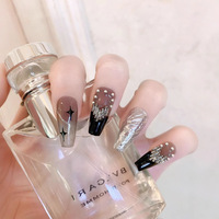 Uñas postizas artesanales de ataúd medianas, góticas, plateadas, metálicas, con dijes de cruz 3D, de lujo, de gel, proveedor mayorista