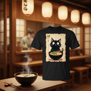 Camiseta Kawaii con diseño de gato y ramen, diseño de comida japonesa, anime, para amantes de los fideos, color negro - Product Image 3
