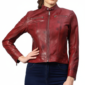 Nueva gran oferta, chaqueta de cuero roja para mujer, calidad Premium, cómoda, personalizada, de moda, piel de oveja, relleno de algodón, nailon - Product Image 1