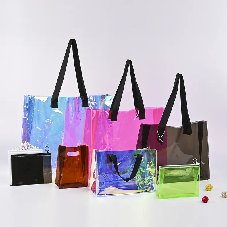 Logo personalizzato all'ingrosso moda più dimensioni e colori tote bag trasparente borsa in pvc trasparente borsa da spiaggia da donna borsa in PVC