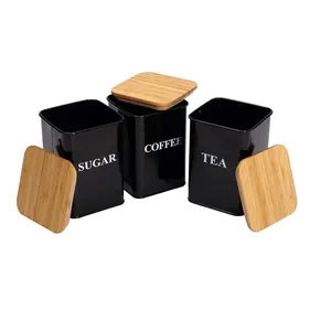 3 Pack Kitchen Canisters Set Tea Coffee Sugar With Wooden Airtight Lids