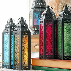 Sıcak satış renkli Metal cam fenerler mumluk ev dekorasyon demir Teal işık fenerler süsler toptan