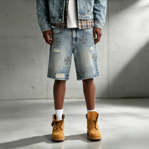 Vintage Faded Light Wash Distressed Cross Embroidered Loose Knee Length Denim Shorts <b>Rip</b> Patch Wide Leg <b>Jean</b> Cutoffs for <b>Men</b> - Product Image 1