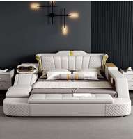 Lit intelligent moderne de luxe en cuir capitonné avec rangement, disponible en tailles King, Queen et Simple
