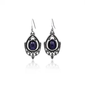 Boucles d'oreilles en argent mode rétro Texture grand ovale bleu grès boucles d'oreilles fête de mariage pour les femmes en gros livraison directe