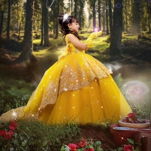 Vestidos de Niña de las Flores Amarillos Personalizados <span class=keywords><strong>para</strong></span> Bodas, Apliques Dorados, Largo hasta el Suelo con Lazo, <span class=keywords><strong>Vestido</strong></span> de Fiesta de Cumpleaños, Primera Comunión, Baile - Product Image 4