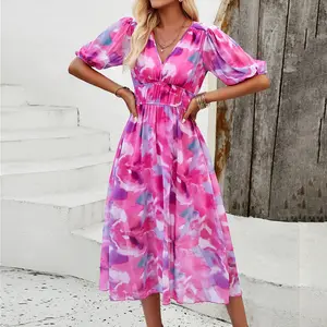 YICHENG Casual Breathable Chiffon Custom Dress Floral Printed Waist Design Easy Long Sleeves V-neck Soft Dress