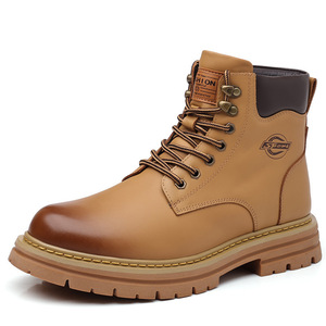 Bottes d'hiver pour hommes mi-mollet en cuir pleine fleur véritable doublées en polaire de laine et coton, respirantes, imperméables, décontractées, jaunes - Product Image 1