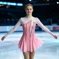 Robe de patinage et de danse rose et blanche pour enfants et adultes, à manches longues en maille, dos découpé avec strass, jupe à volants, pour compétition et spectacle de patinage sur glace
