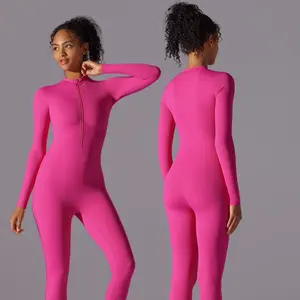 Ücretsiz örnekleri özel Logo uzun kollu Zip up tulum Romper yüksek boyun Bodysuit tek parça Yoga spor kısa koşu kıyafetleri