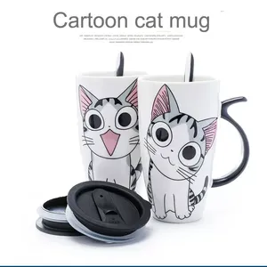Hochwertige Phantasie Design Heide Kreative Glasur Katze Keramik becher Mit Deckel Löffel Cartoon Milch Tee tasse Porzellan Tasse Set - Product Image 2