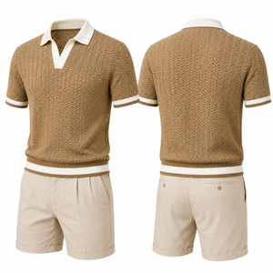 Ensembles de polos pour homme, ensemble polo et short en tricot, texture chevron, col ouvert, tenue décontractée élégante, tenue de golf haut de gamme - Product Image 2