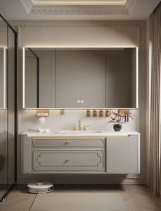 Meuble-lavabo de salle de bain en laque de style français élégant et luxueux avec miroir intelligent - Product Image 2