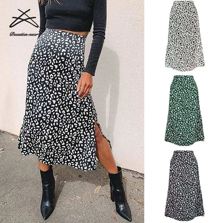 Fashion Spring Wholesale Zipper Leopard High Waist Ladies Sexy Midi Long Chiffon Polyester Printed Skirts With Slit For Women