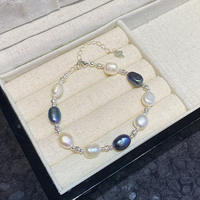 Bracelet de perles baroques en argent 925, perles d'eau douce naturelles blanches et noires mélangées 7-9 mm, fermoir mousqueton réglable, cadeau pour femme, vente en gros, personnalisable
