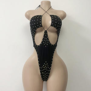 工場卸売 ワンピース ナイロン製 レディース セクシー ストリッパー ボディスーツ ホルターネック ラインストーン付き エキゾチック ダンスウェア - Product Image 5
