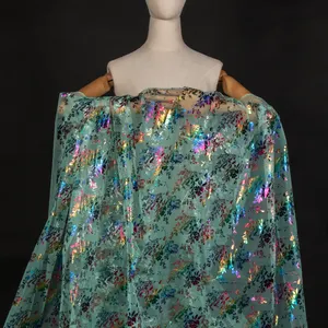 Tül kumaş toptan tedarikçiler gökkuşağı çiçek folyo sıcak damgalama tül parti elbise Chantilly dantel örgü kumaş