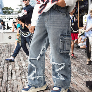 Jeans Enfant Brodés pour Bébés et Enfants, <span class=keywords><strong>Pantalon</strong></span> Décontracté Streetwear à Jambes Larges, <span class=keywords><strong>Jean</strong></span> <span class=keywords><strong>Cargo</strong></span> en Denim - Product Image 3